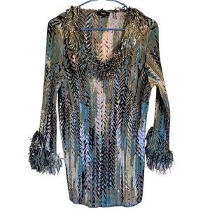 Violin Wearable Art Top 1X Green Unique Stretch Fringe Vneck Fun Designer Womens